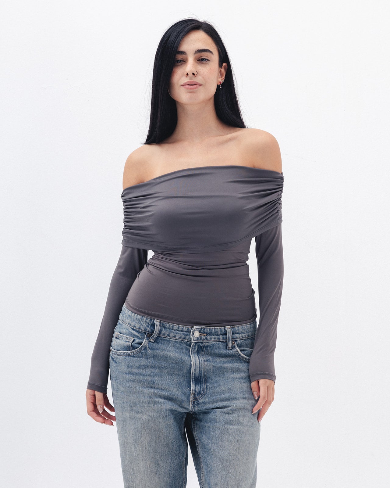 Off Shoulder Long Sleeve In Charcoal Grey