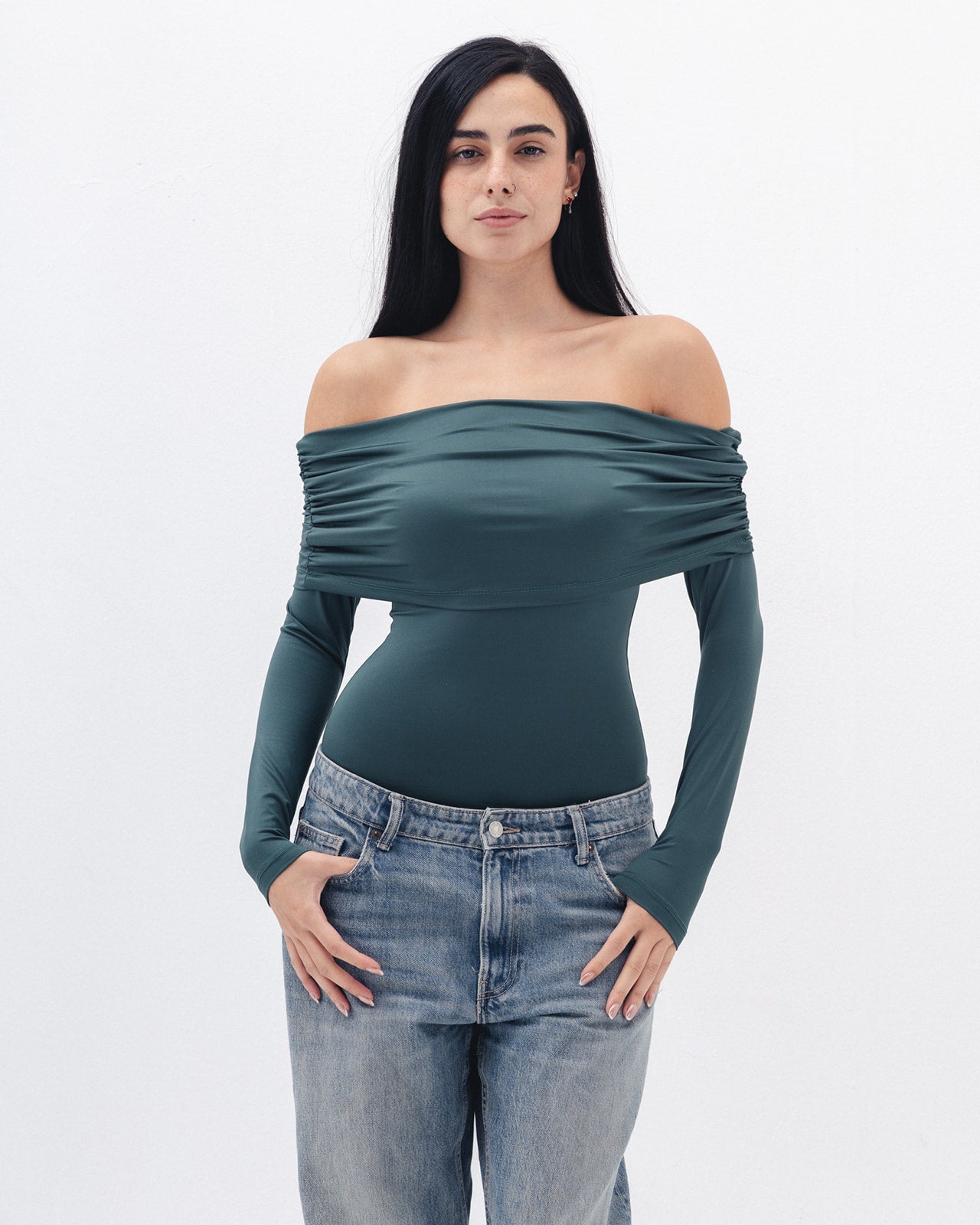 Off Shoulder Long Sleeve In Emerald Green