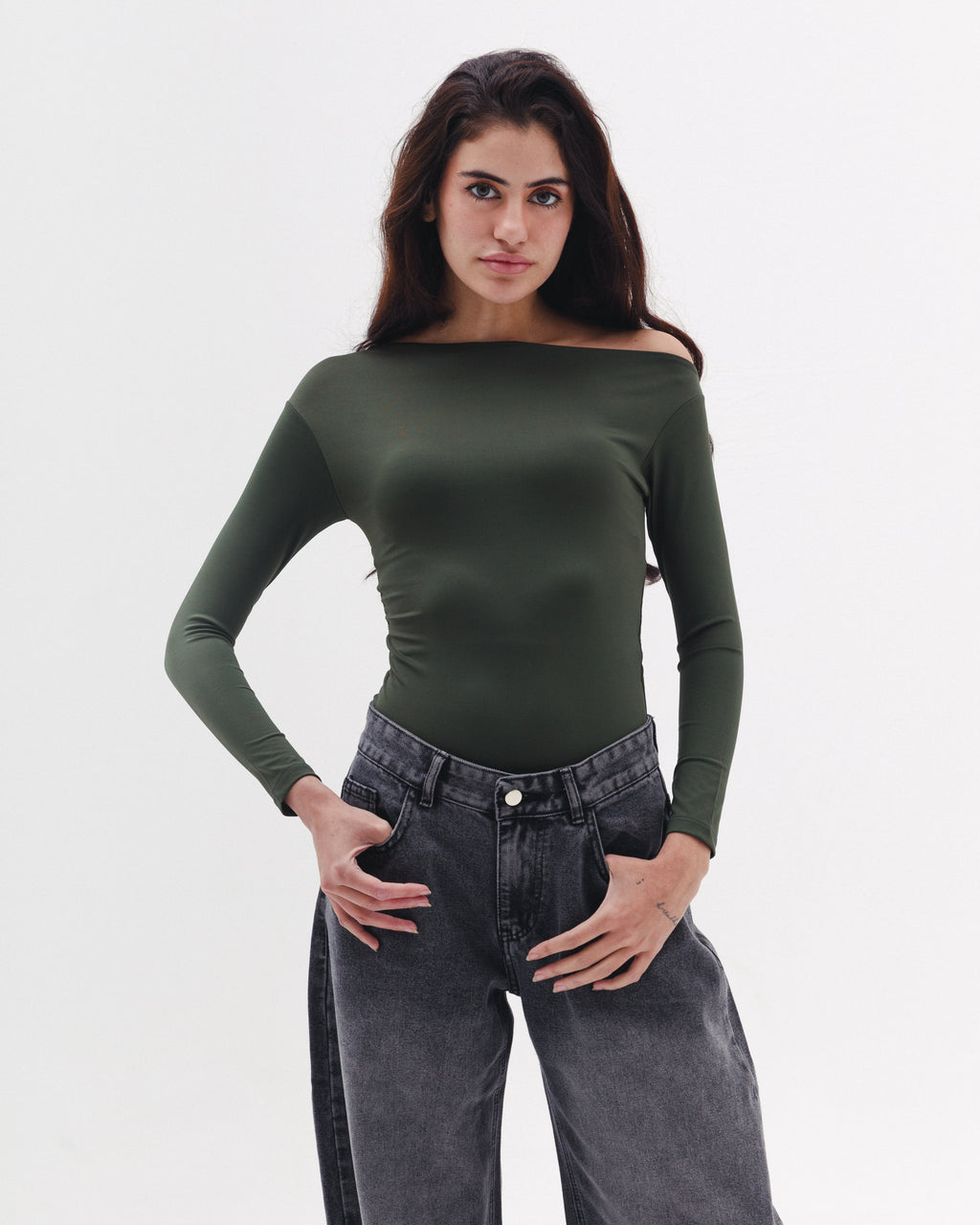 Asymmetrical Off Shoulder Top olive