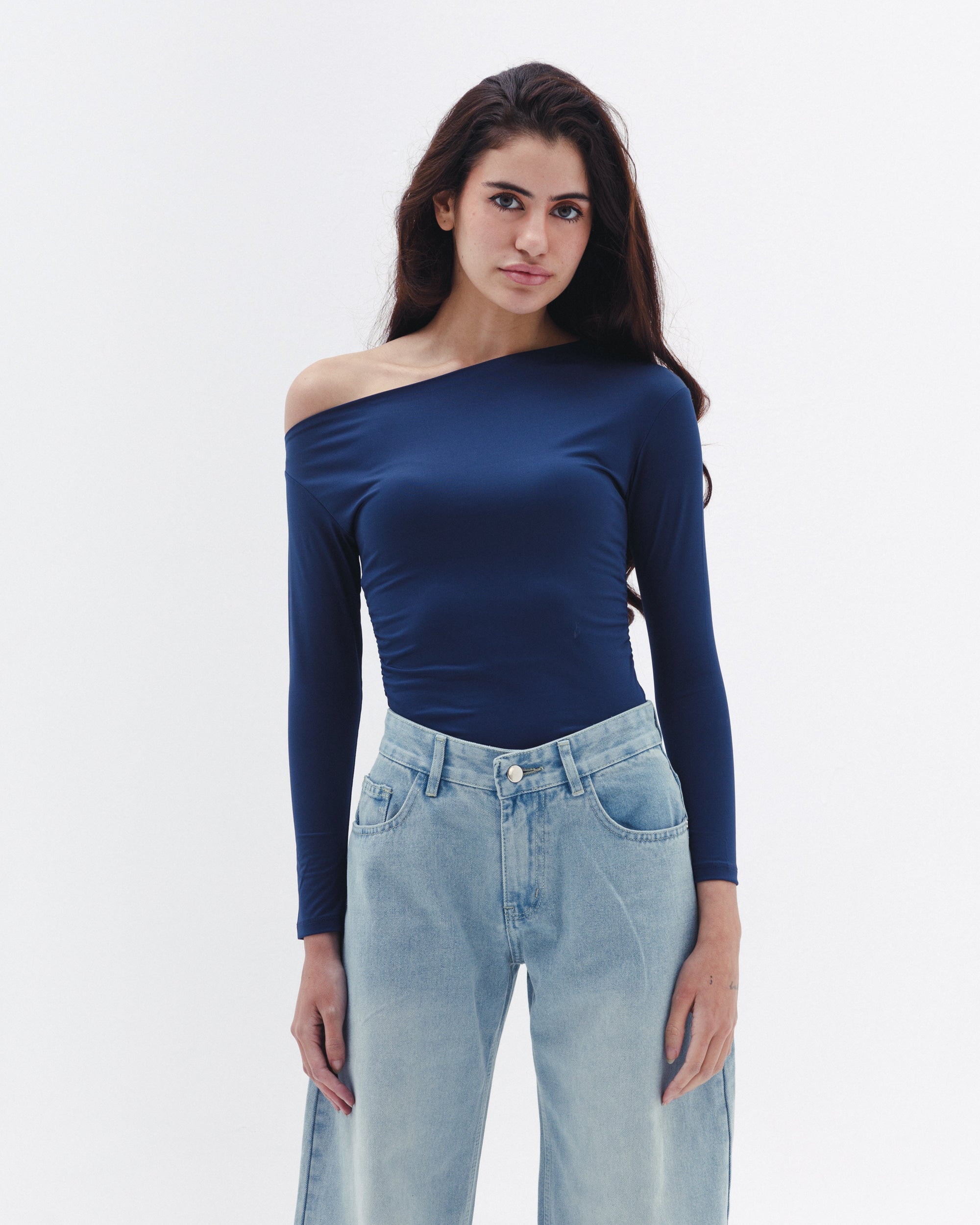 Asymmetrical Off Shoulder Top In  Navy Blue
