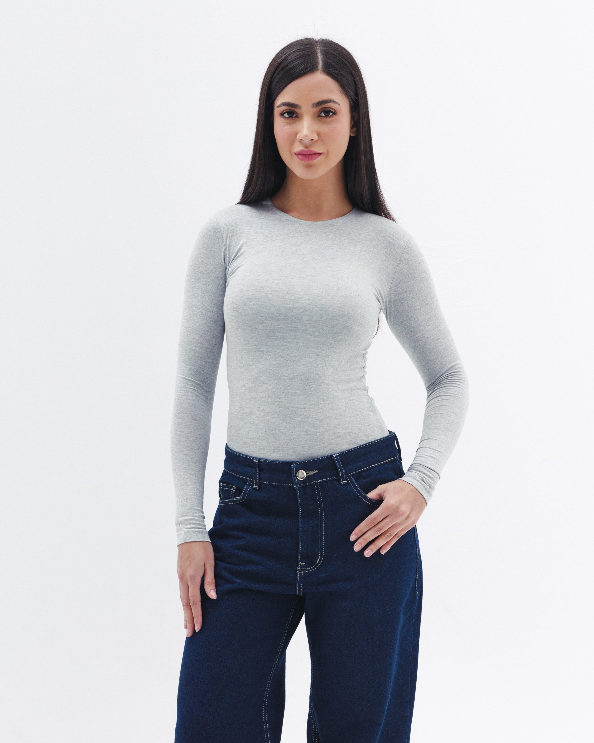 Cotton Long Sleeve Top In Light Grey