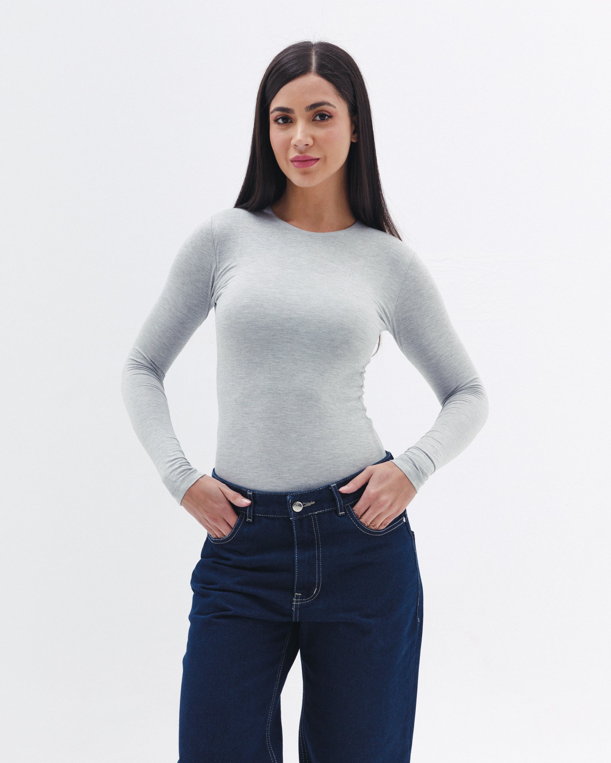 Cotton Long Sleeve Top In Light Grey