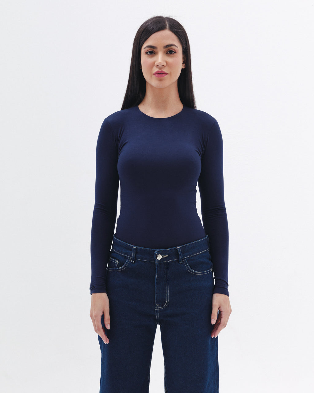 Cotton Long Sleeve Top In Navy Blue