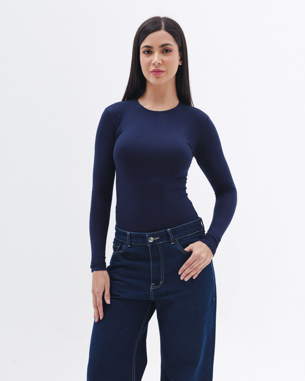 Cotton Long Sleeve Top In Navy Blue