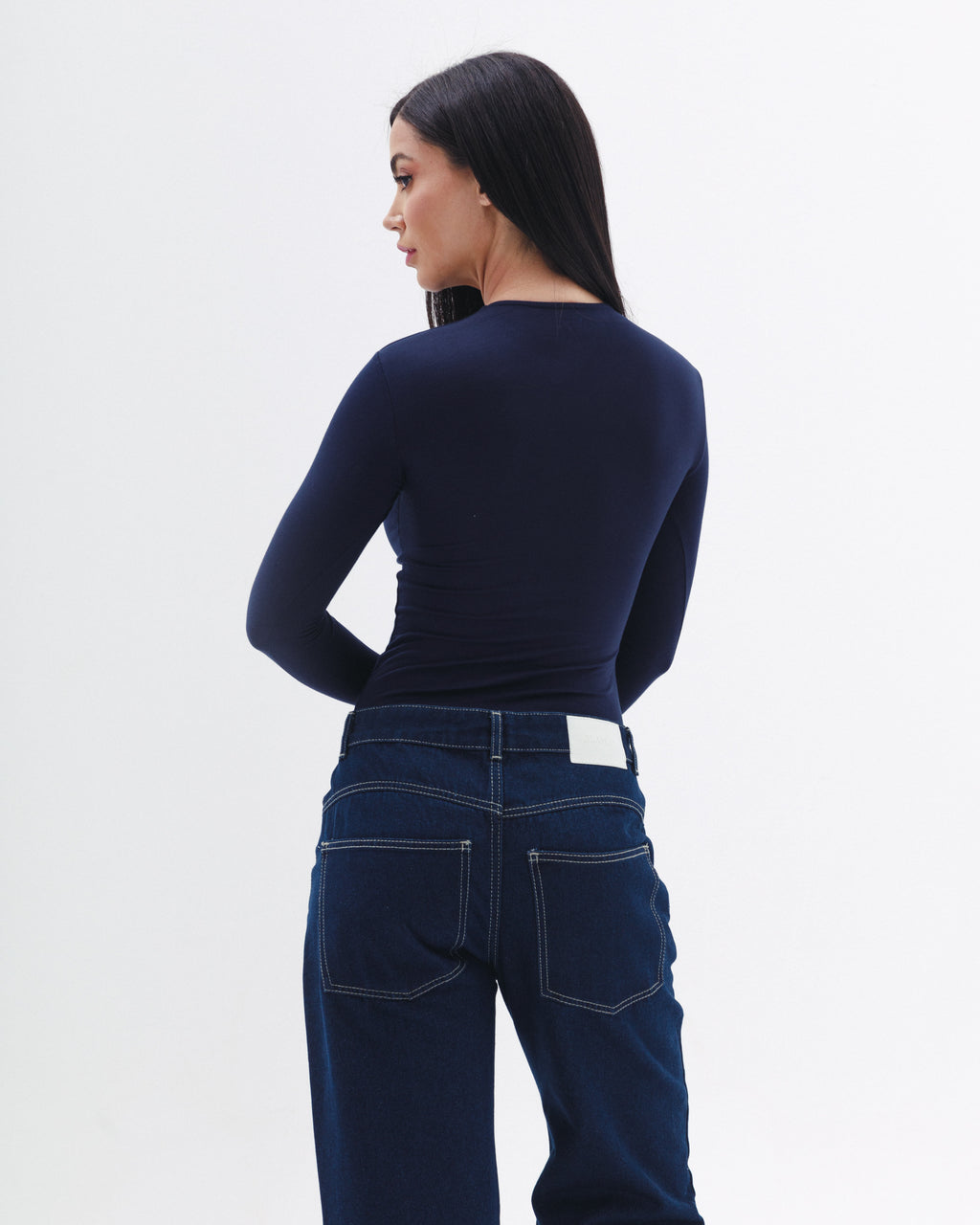 Cotton Long Sleeve Top In Navy Blue