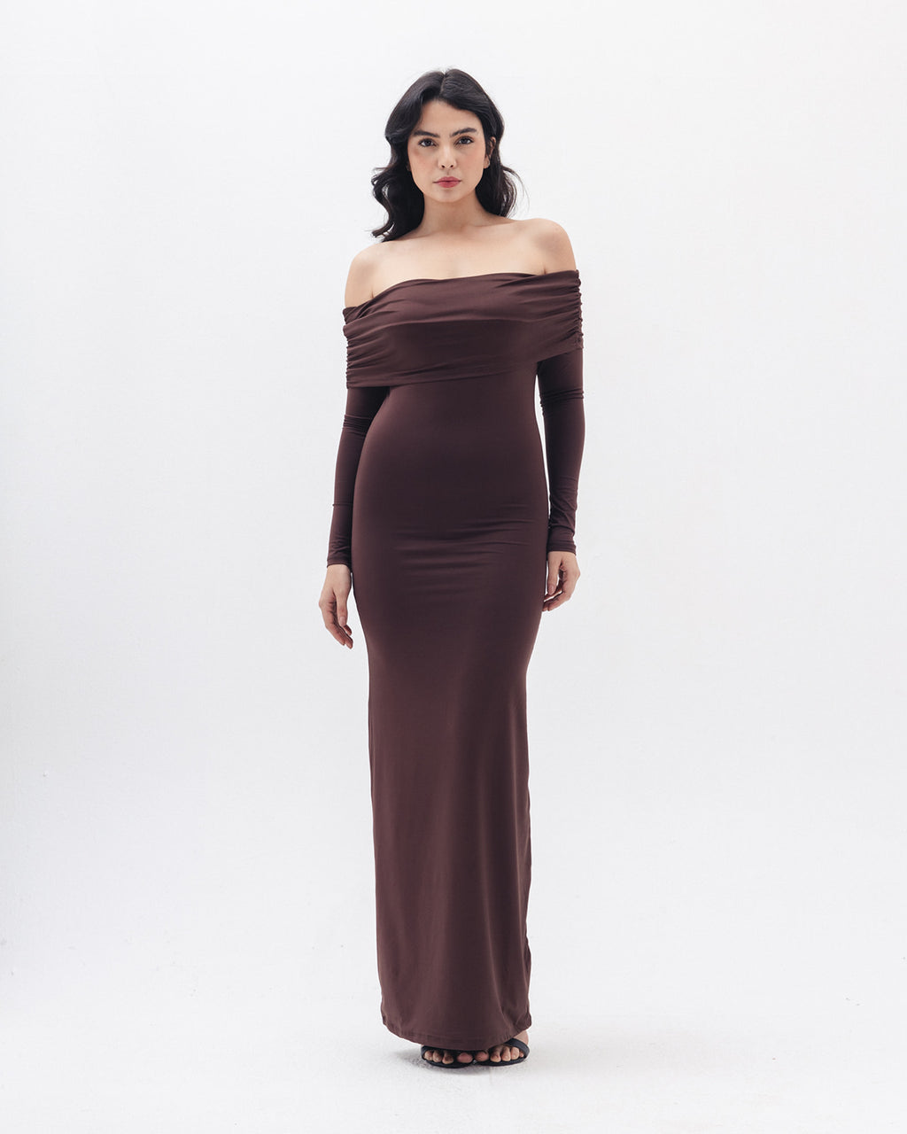 Off Shoulder Dress In Brown
