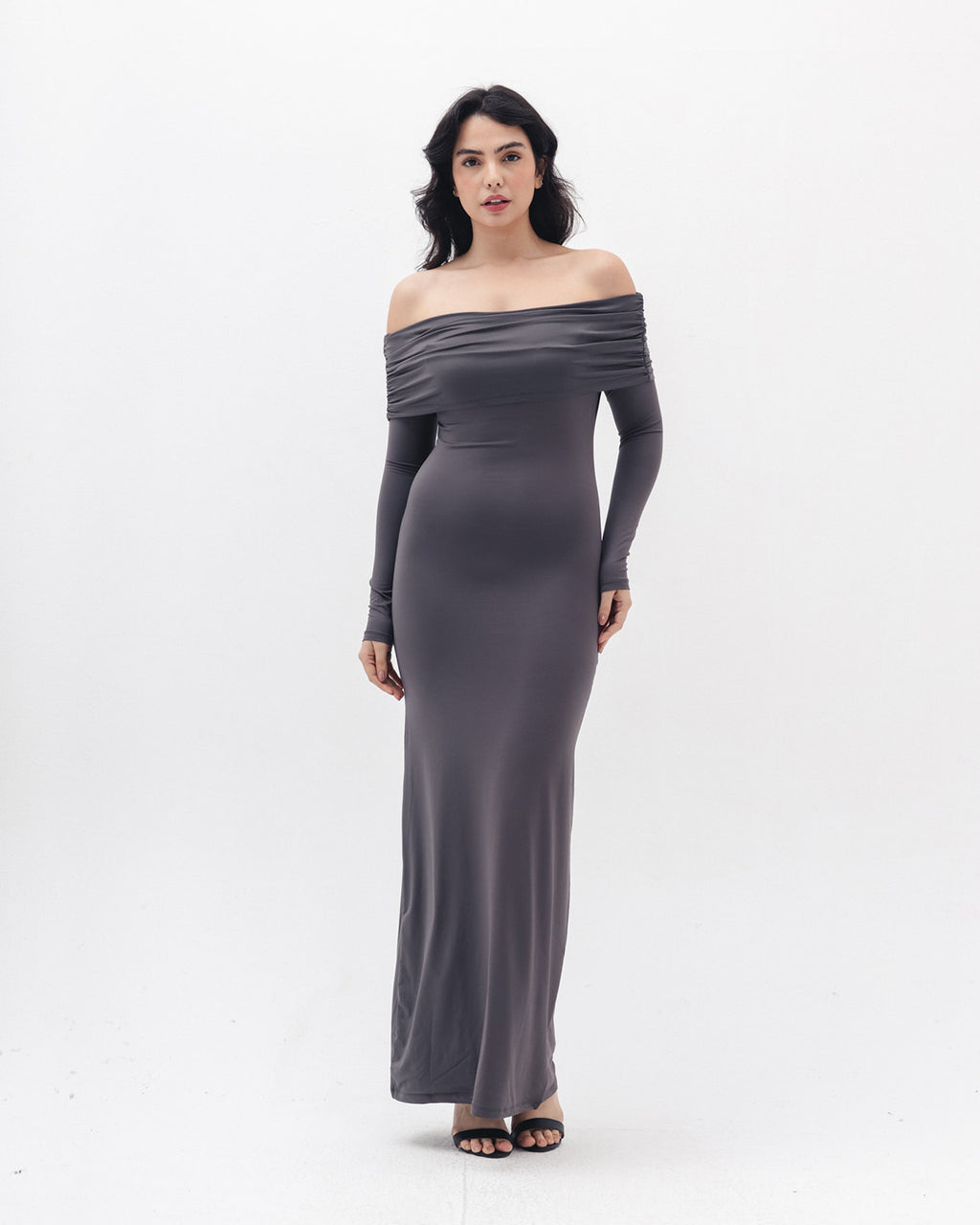 Off Shoulder Dress In Charcoal Grey