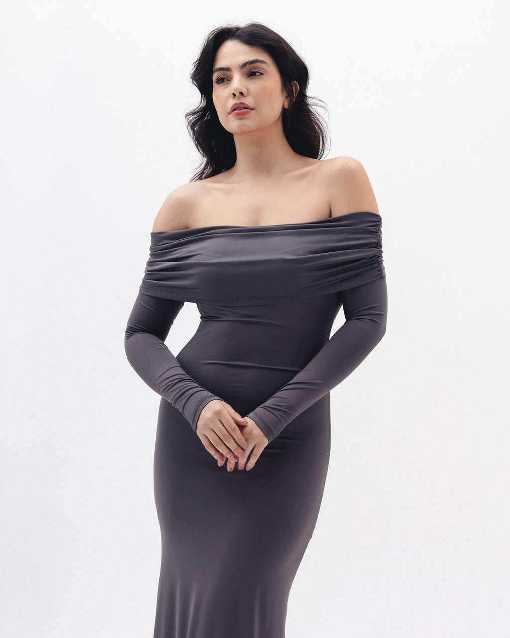 Off Shoulder Dress In Charcoal Grey