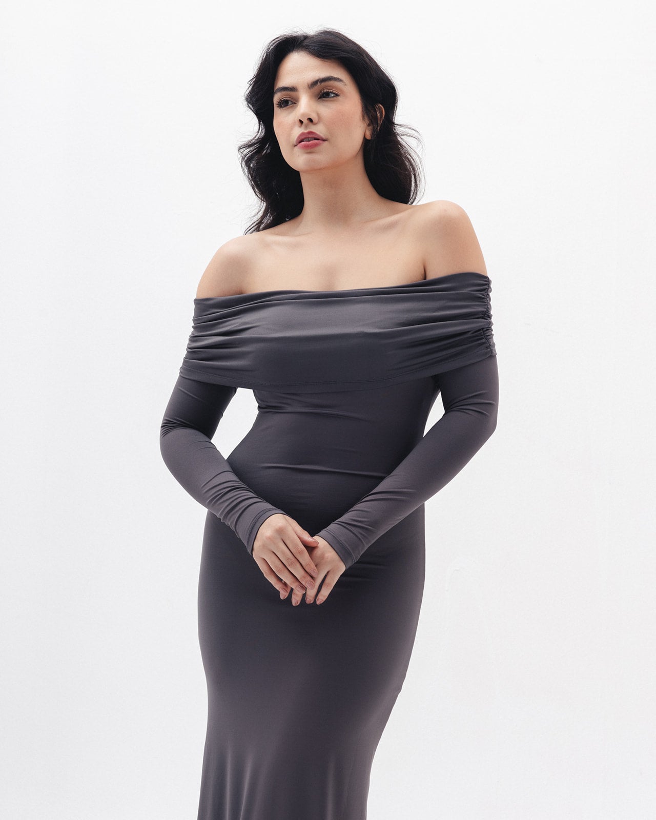 Off Shoulder Dress In Charcoal Grey