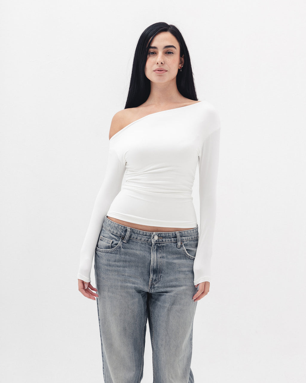 Asymmetrical Off Shoulder Top in White