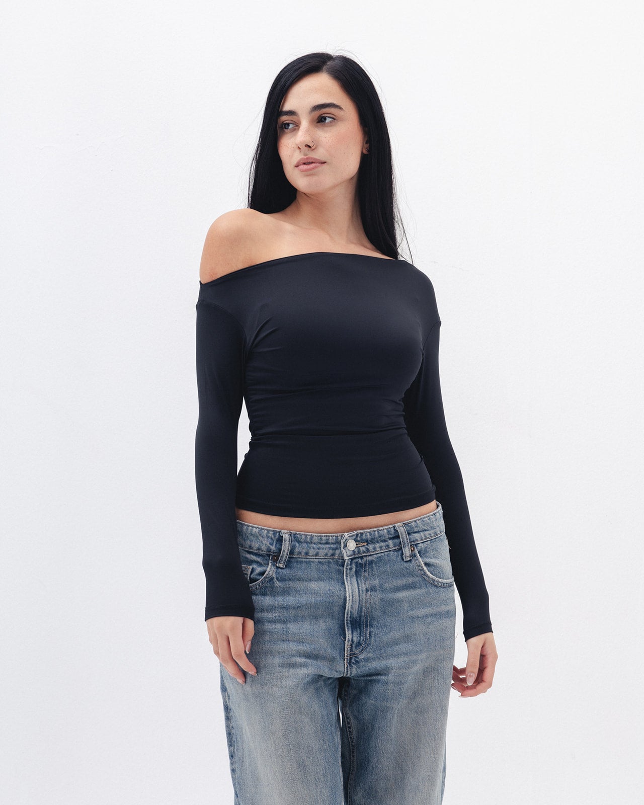 Asymmetrical Off Shoulder Top in Black