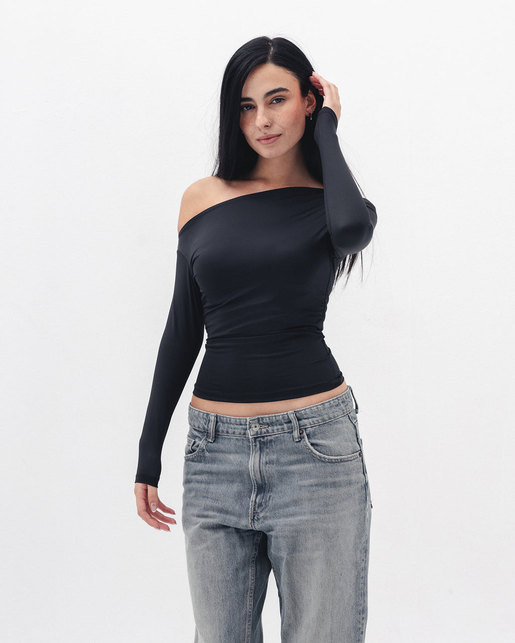 Asymmetrical Off Shoulder Top in Black