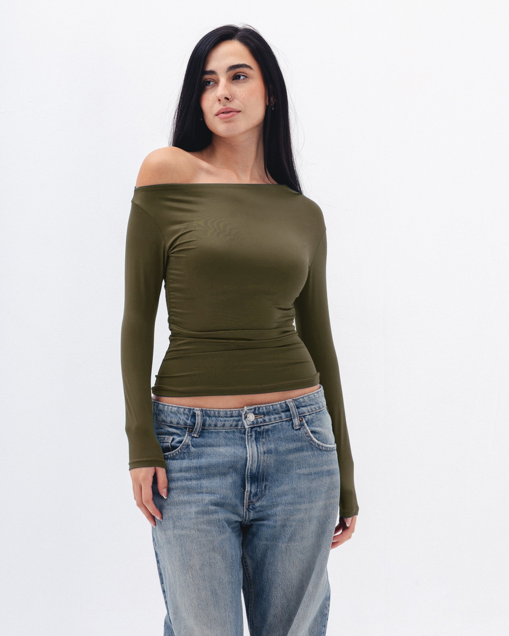 Asymmetrical Off Shoulder Top olive