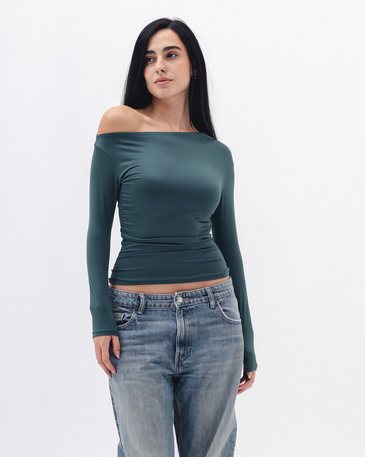 Asymmetrical Off Shoulder Top In Emerald Green