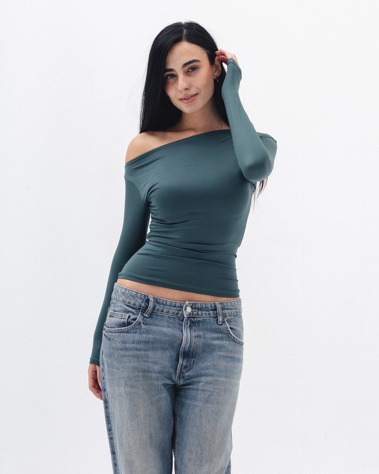 Asymmetrical Off Shoulder Top In Emerald Green