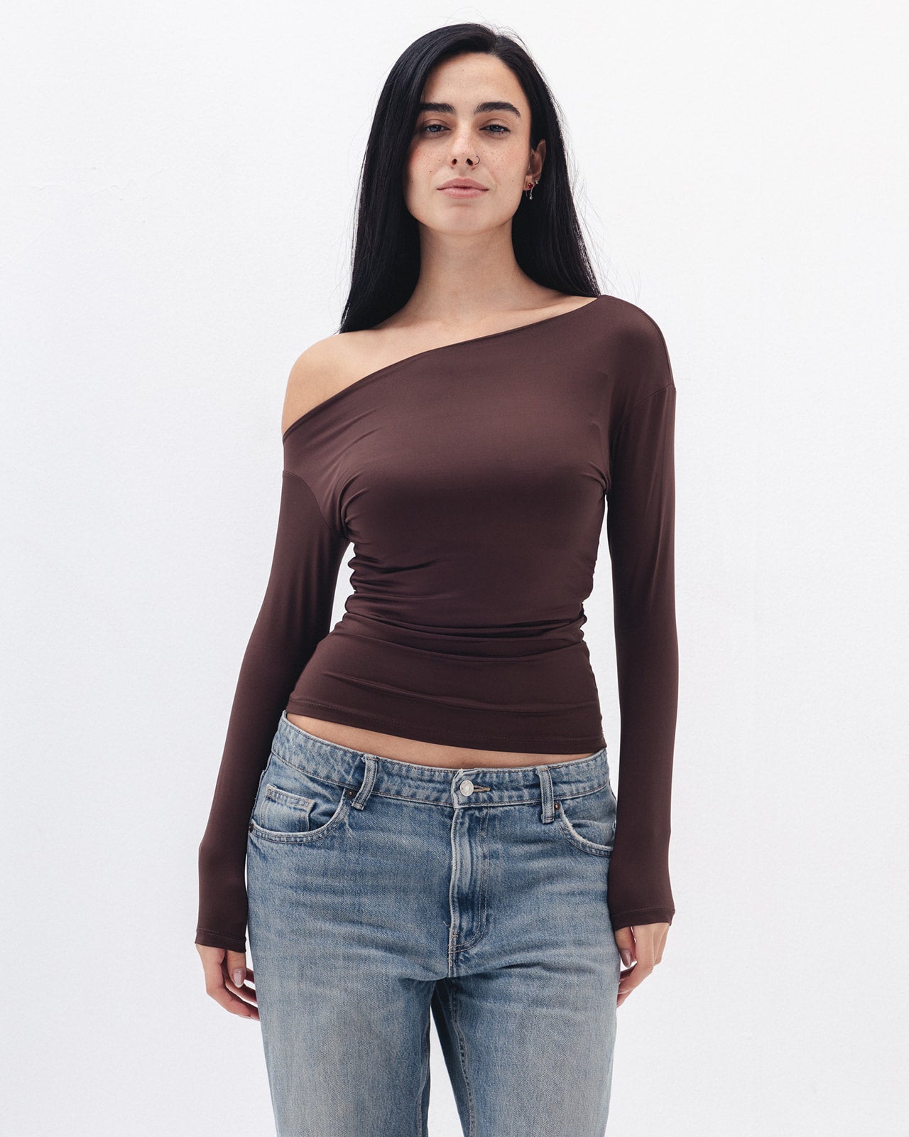 Asymmetrical Off Shoulder Top In Brown