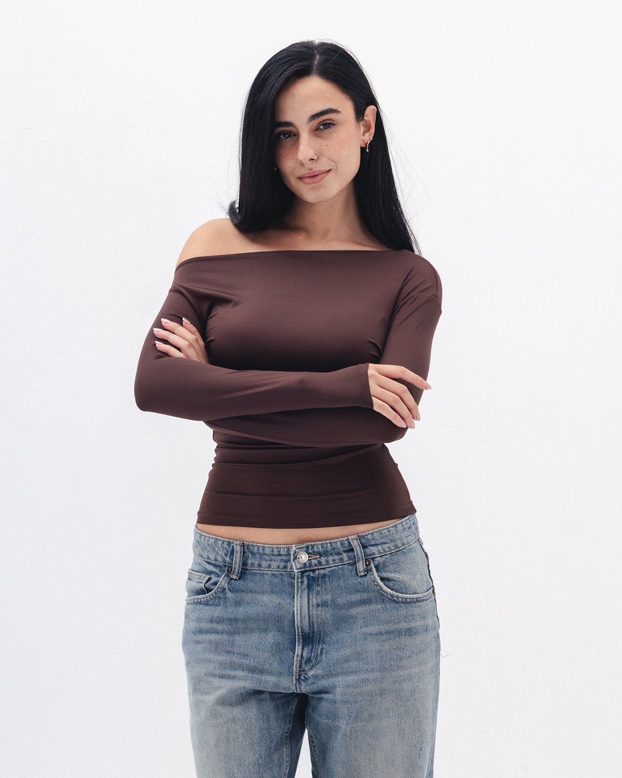 Asymmetrical Off Shoulder Top In Brown