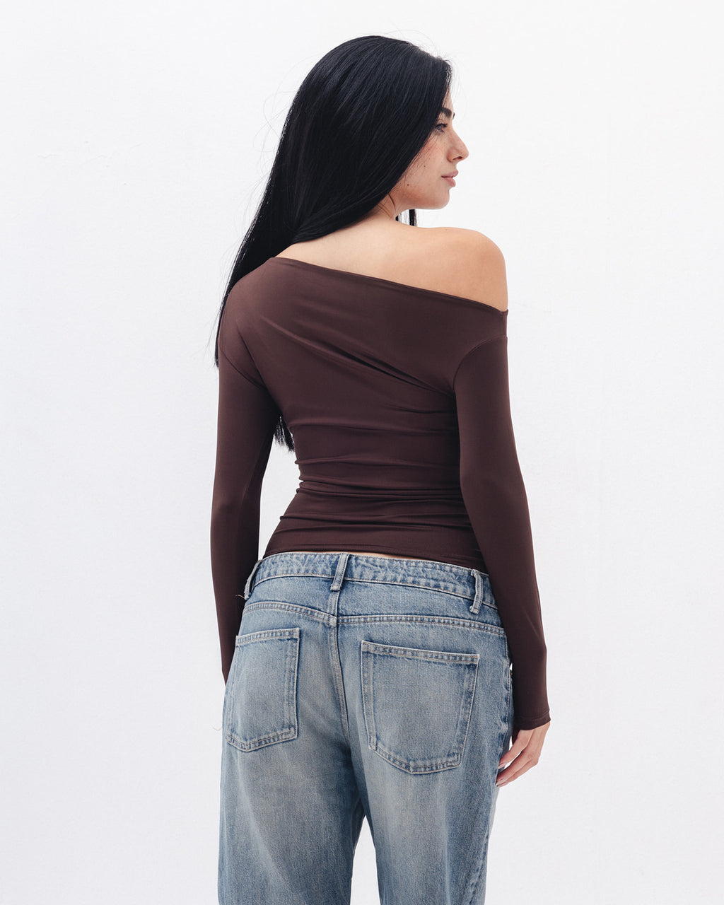 Asymmetrical Off Shoulder Top In Brown