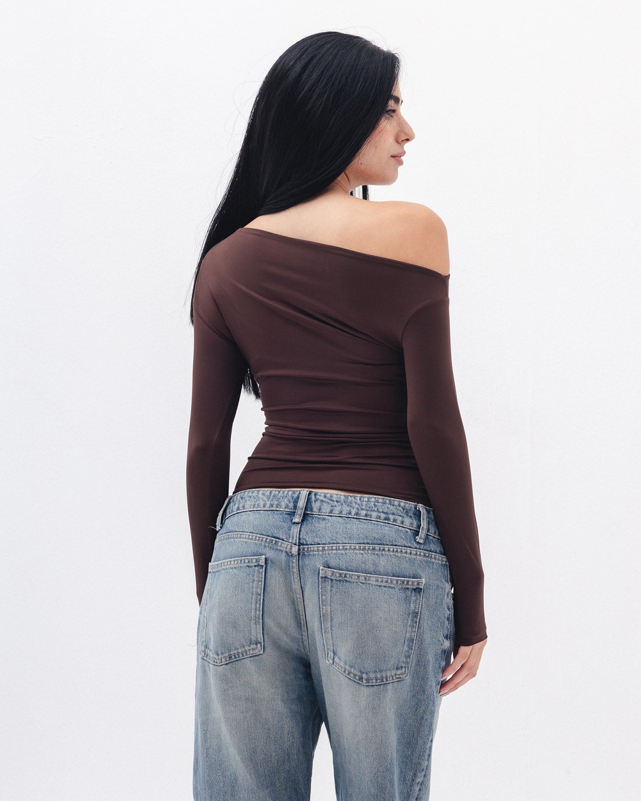 Asymmetrical Off Shoulder Top In Brown