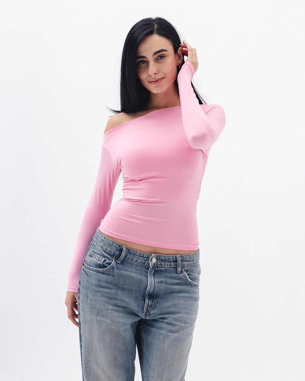 Asymmetrical Off Shoulder Top In Pink