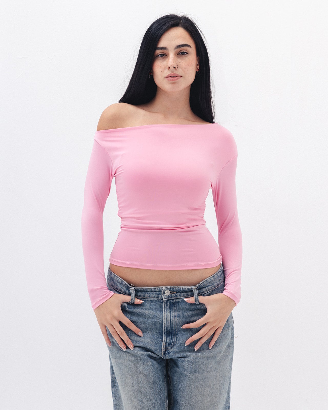 Asymmetrical Off Shoulder Top In Pink