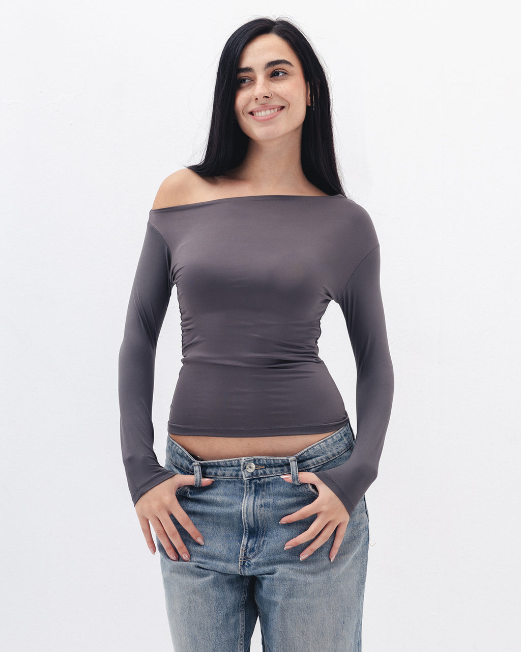 Asymmetrical Off Shoulder Top In Charcoal Grey