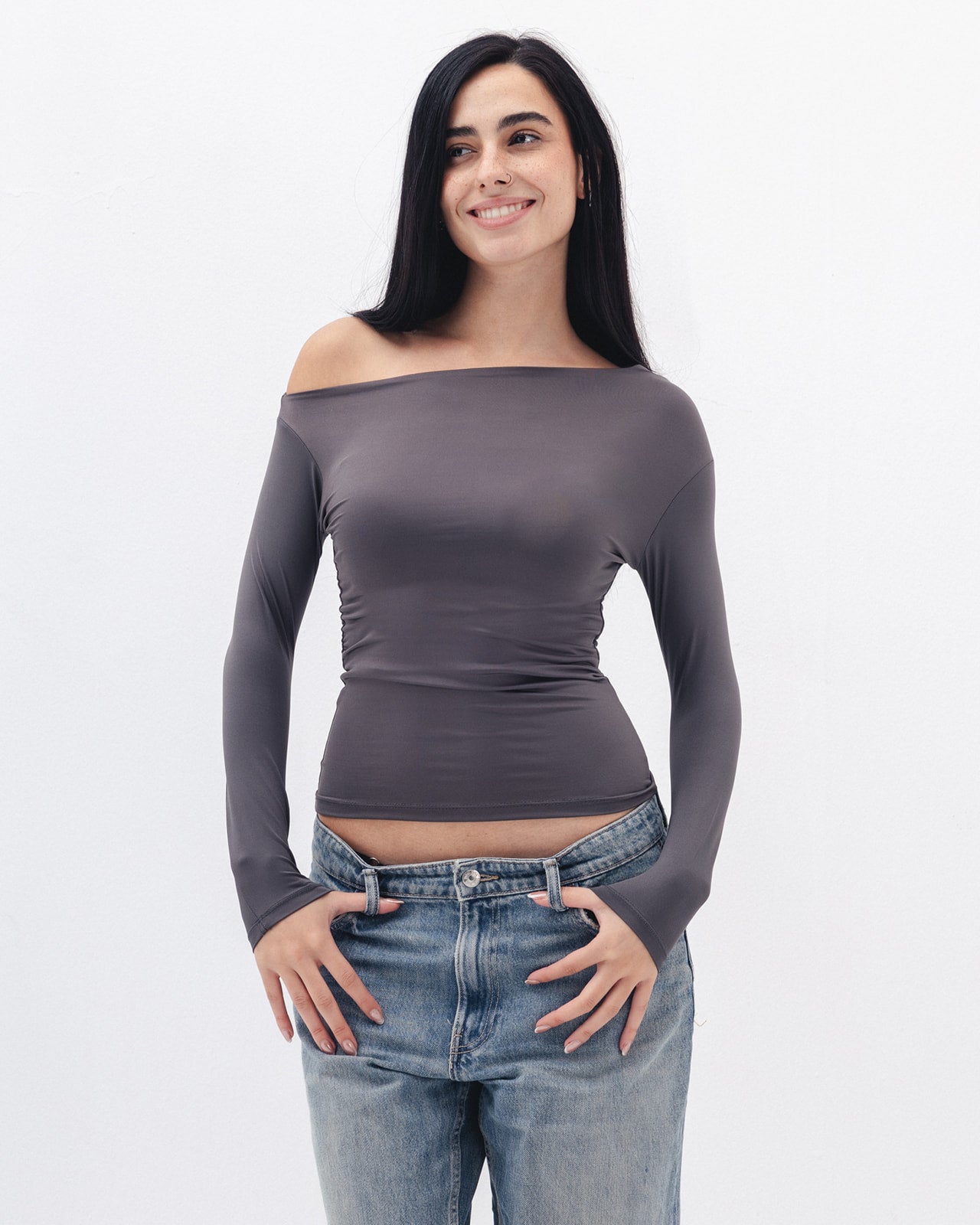 Asymmetrical Off Shoulder Top In Charcoal Grey