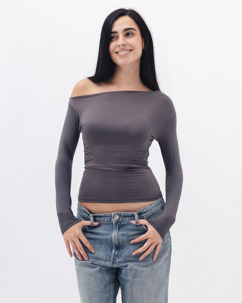 Asymmetrical Off Shoulder Top In Charcoal Grey