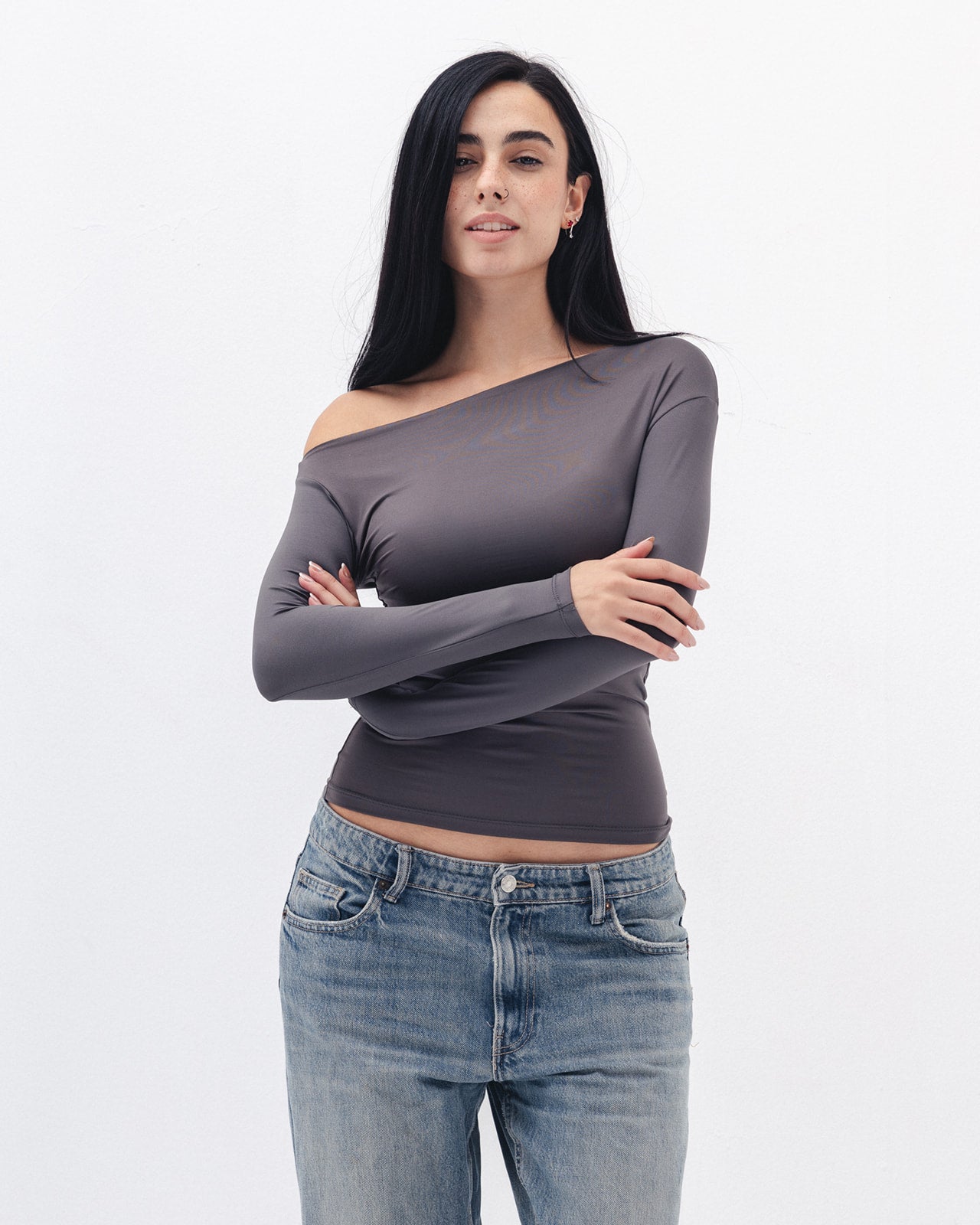 Asymmetrical Off Shoulder Top In Charcoal Grey – blanks