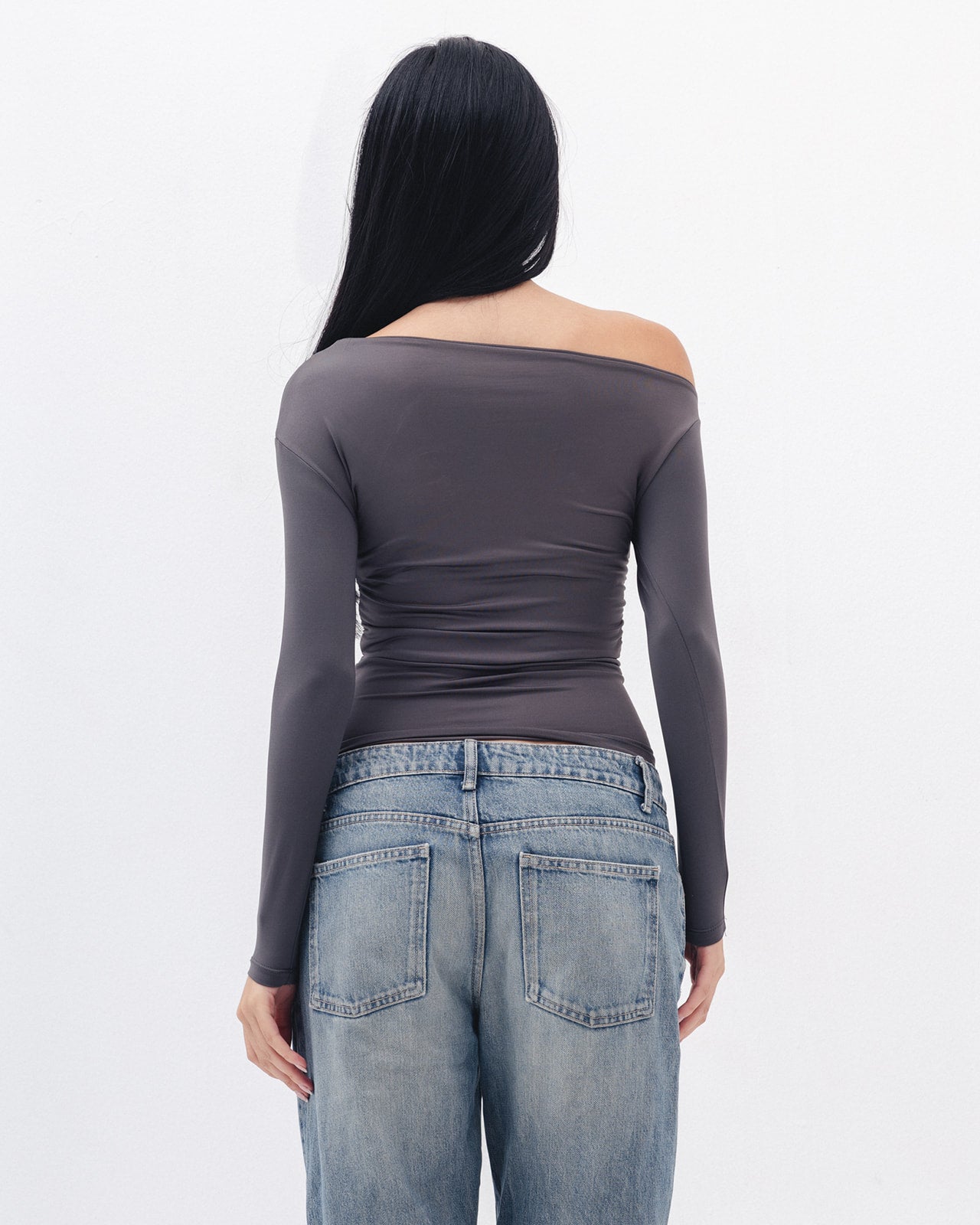 Asymmetrical Off Shoulder Top In Charcoal Grey