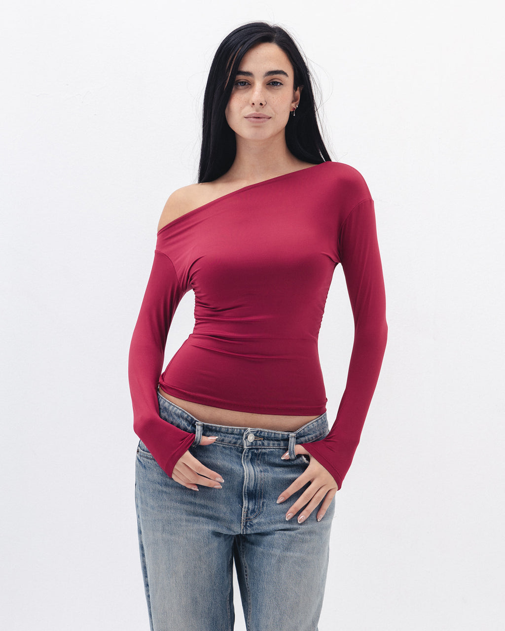 Asymmetrical Off Shoulder Top In Raspberry