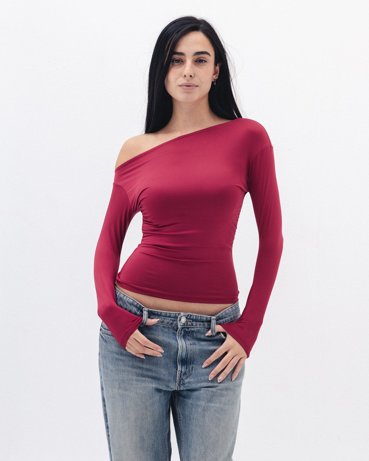 Asymmetrical Off Shoulder Top In Raspberry