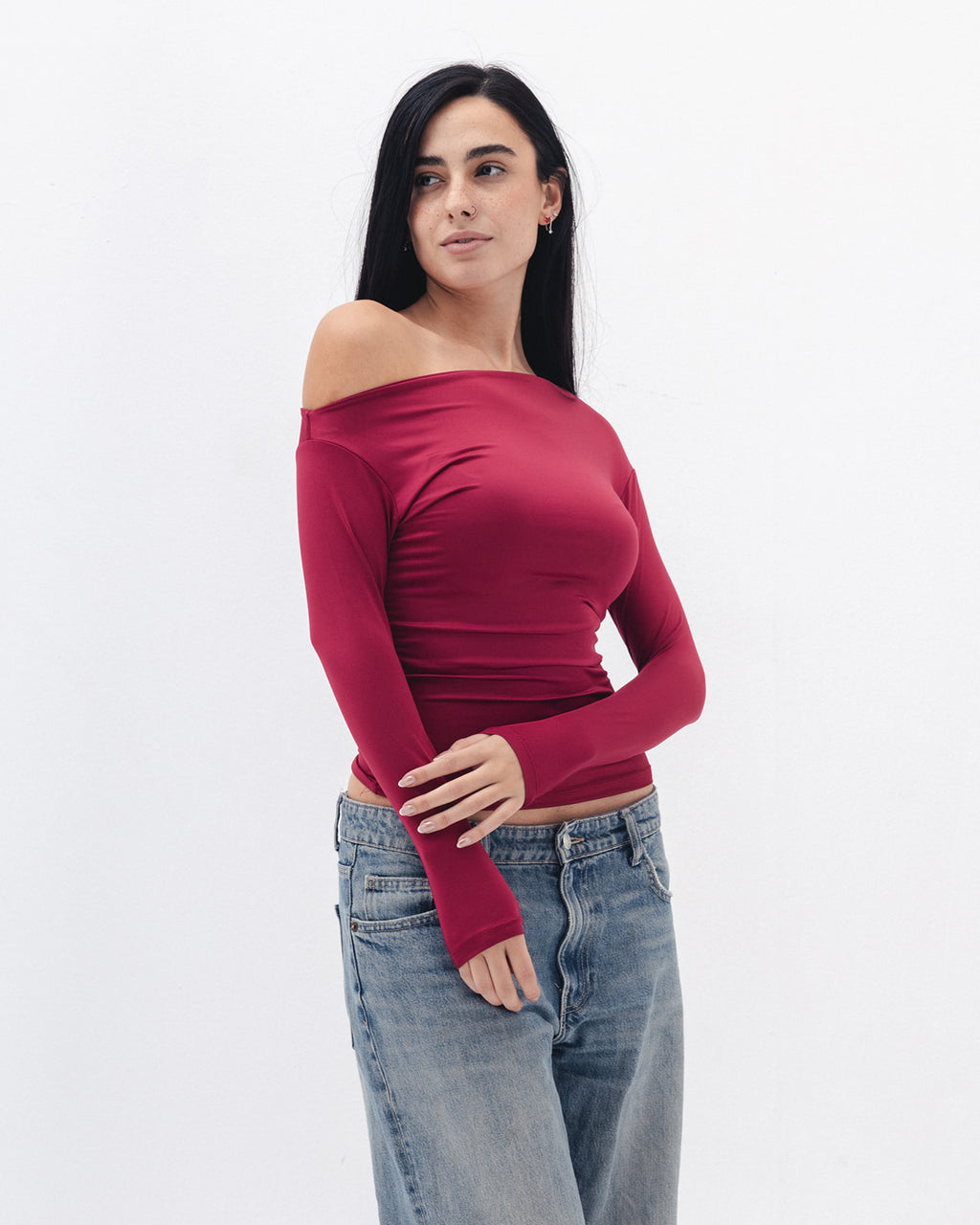Asymmetrical Off Shoulder Top In Raspberry