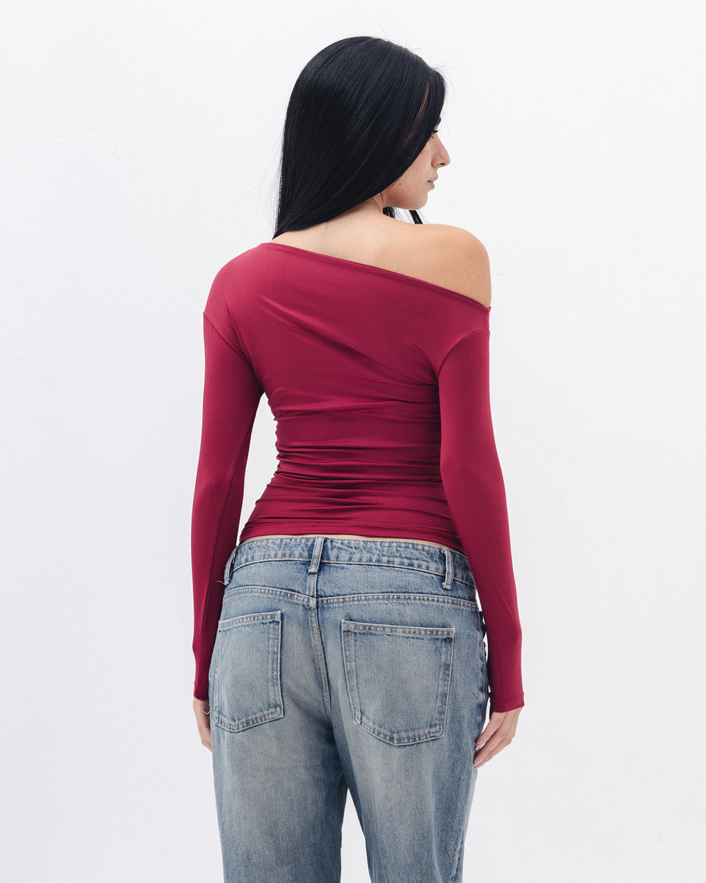 Asymmetrical Off Shoulder Top In Raspberry