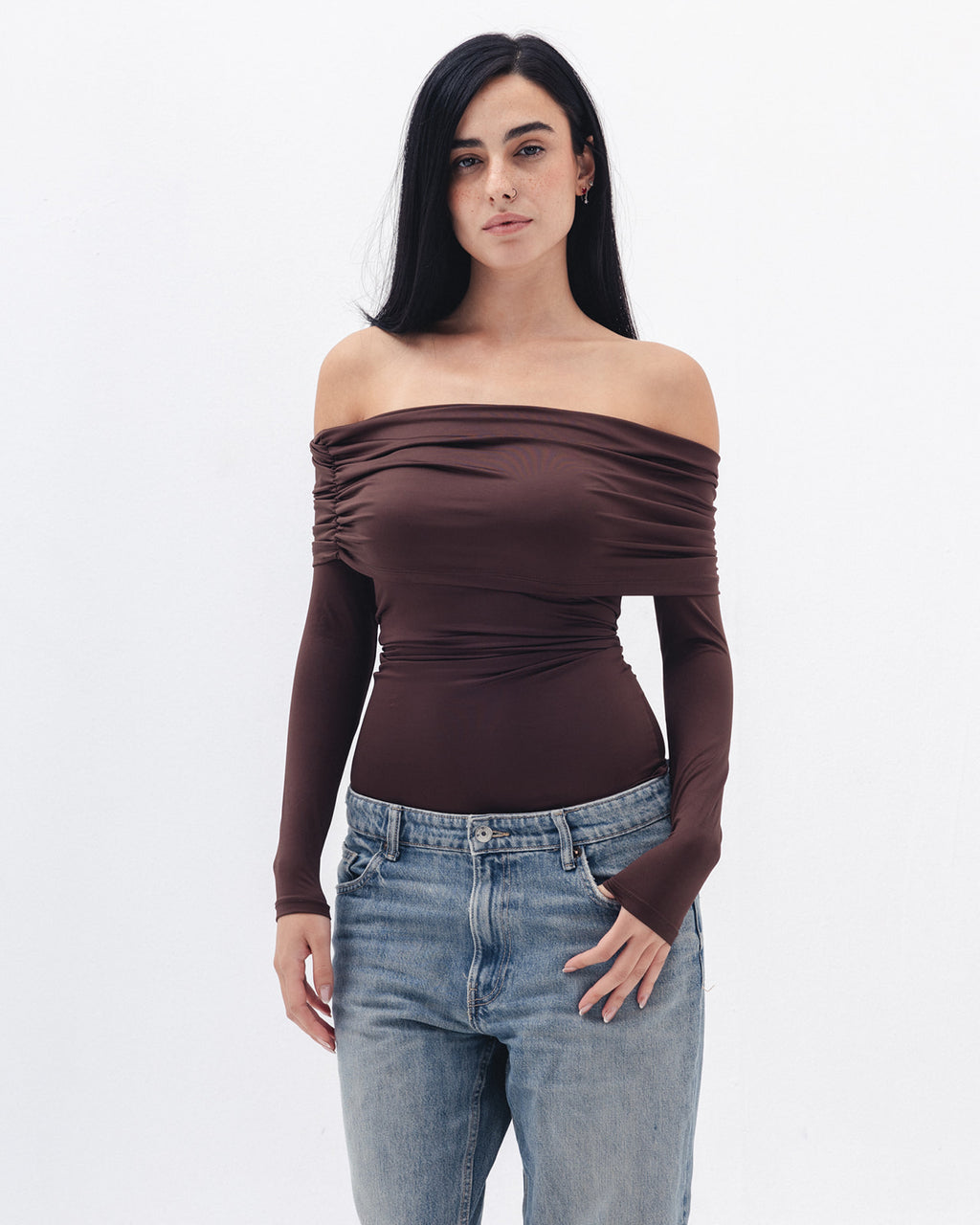 Off Shoulder Long Sleeve In Brown