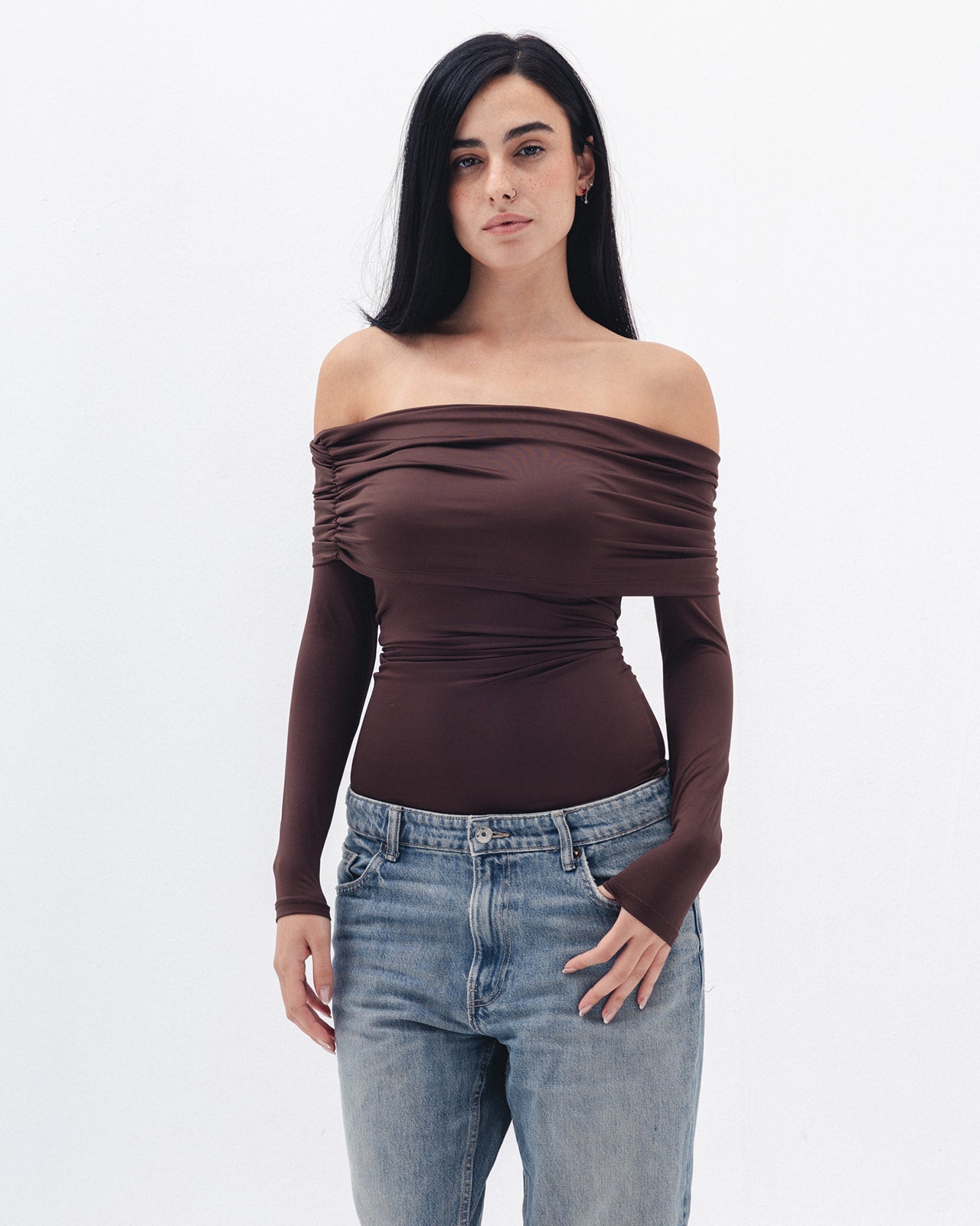 Off Shoulder Long Sleeve In Brown