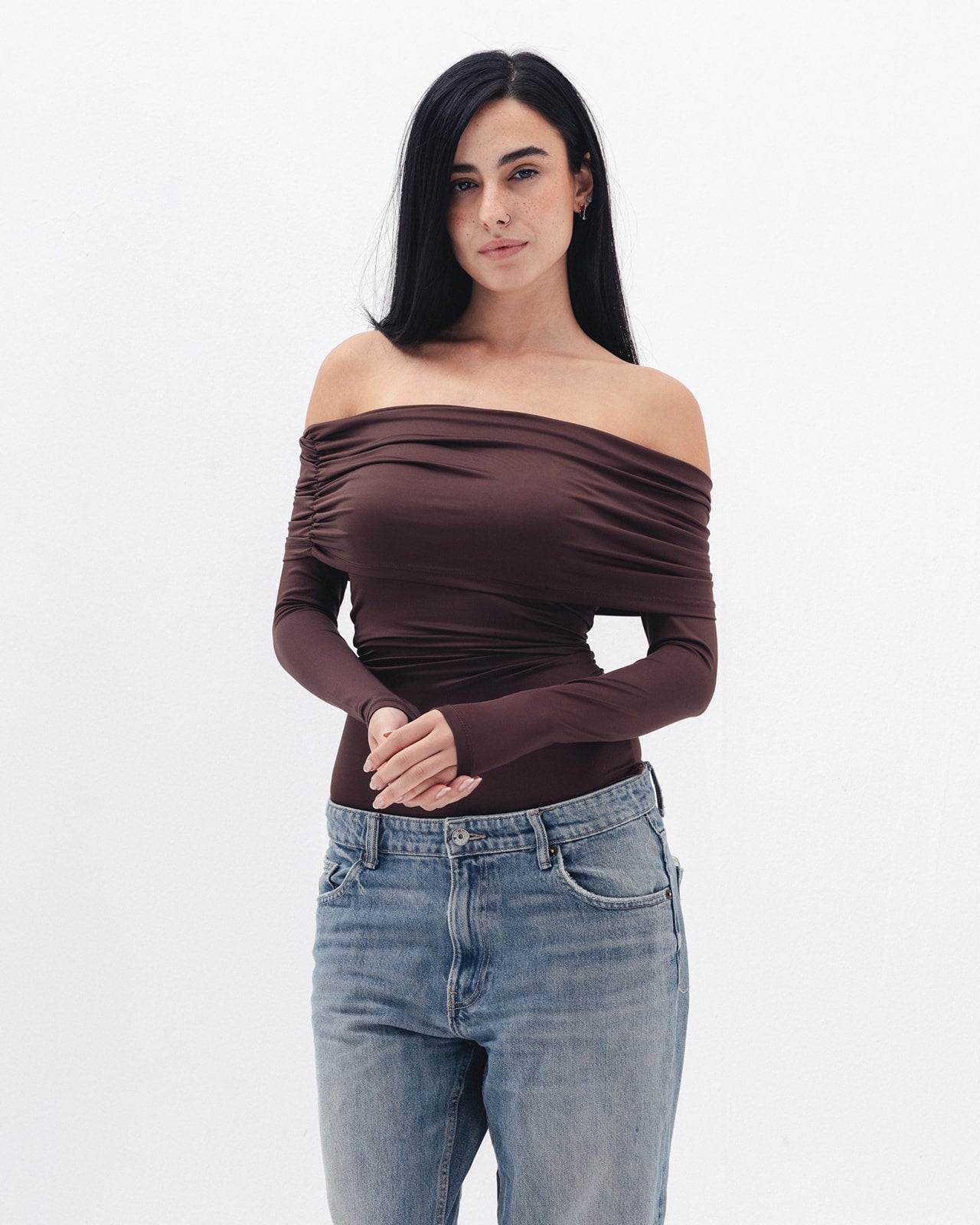 Off Shoulder Long Sleeve In Brown