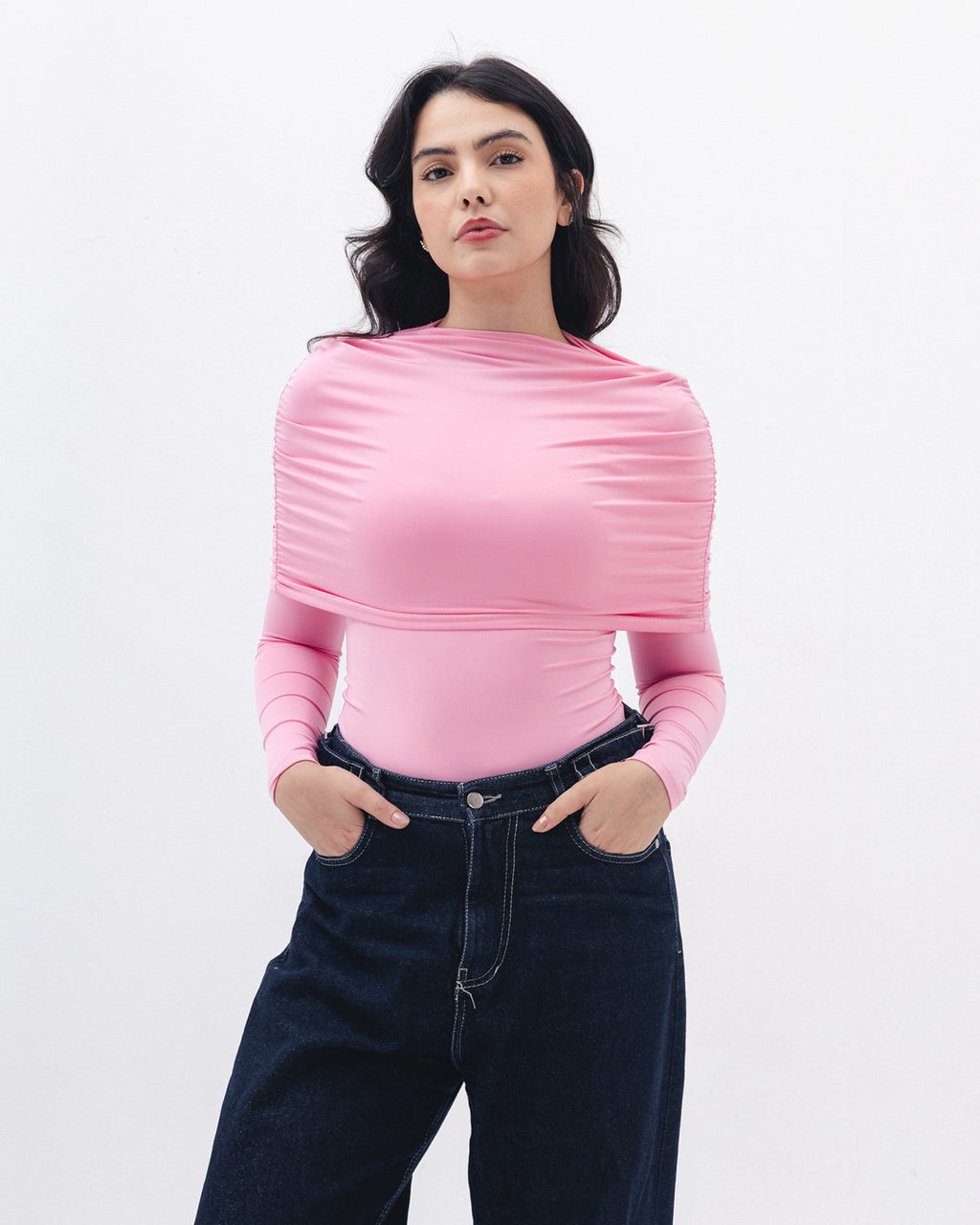 Full-neck Off Shoulder Top In Pink