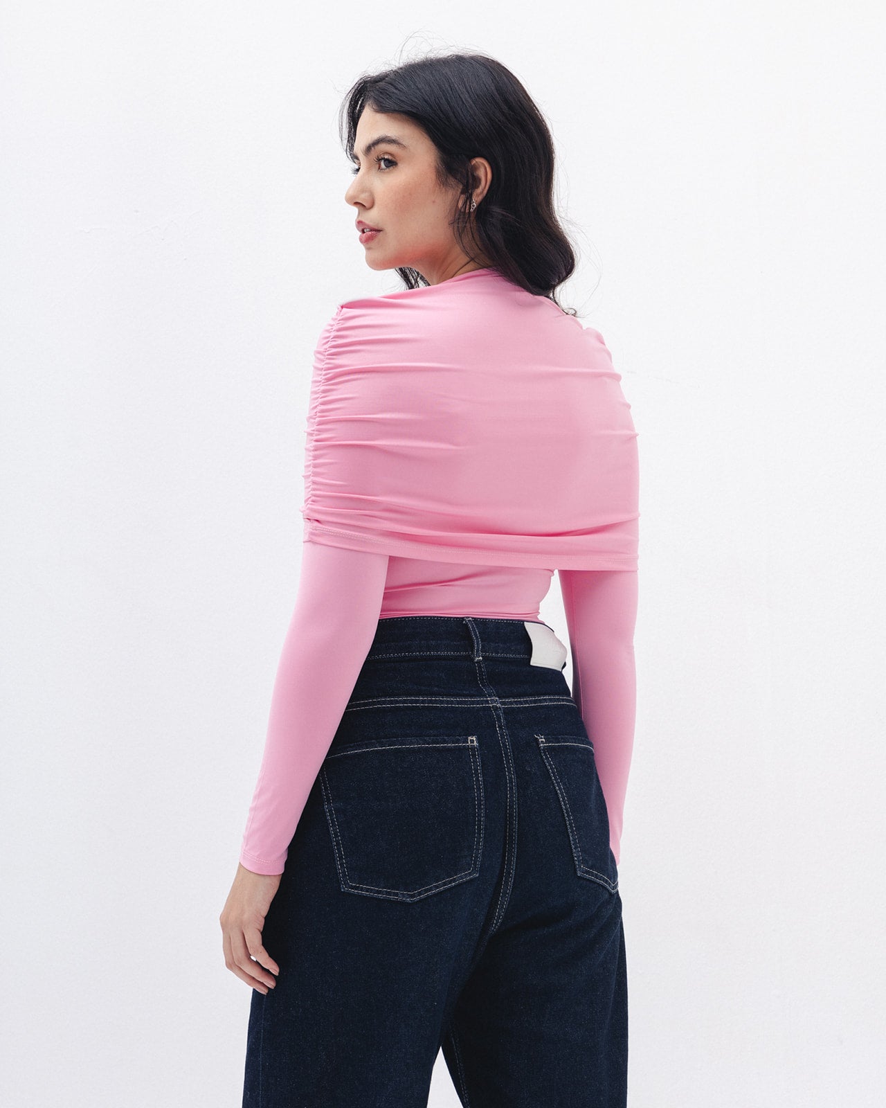 Full-neck Off Shoulder Top In Pink