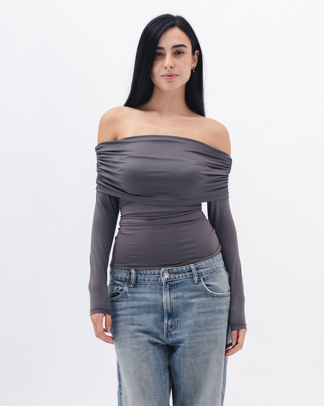 Off Shoulder Long Sleeve In Charcoal Grey