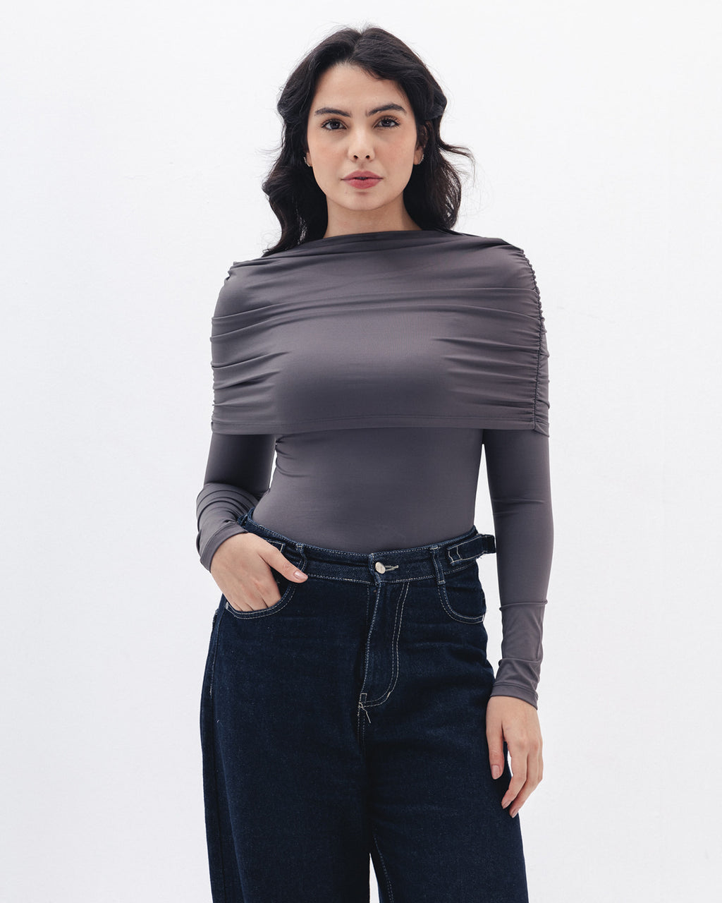 Full-neck Off Shoulder Top In Charcoal Grey