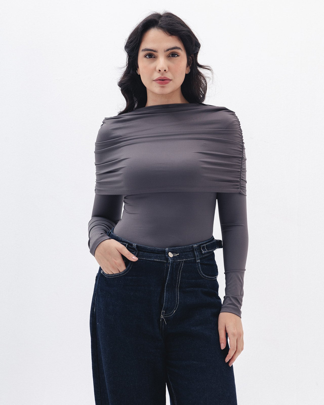 Full-neck Off Shoulder Top In Charcoal Grey