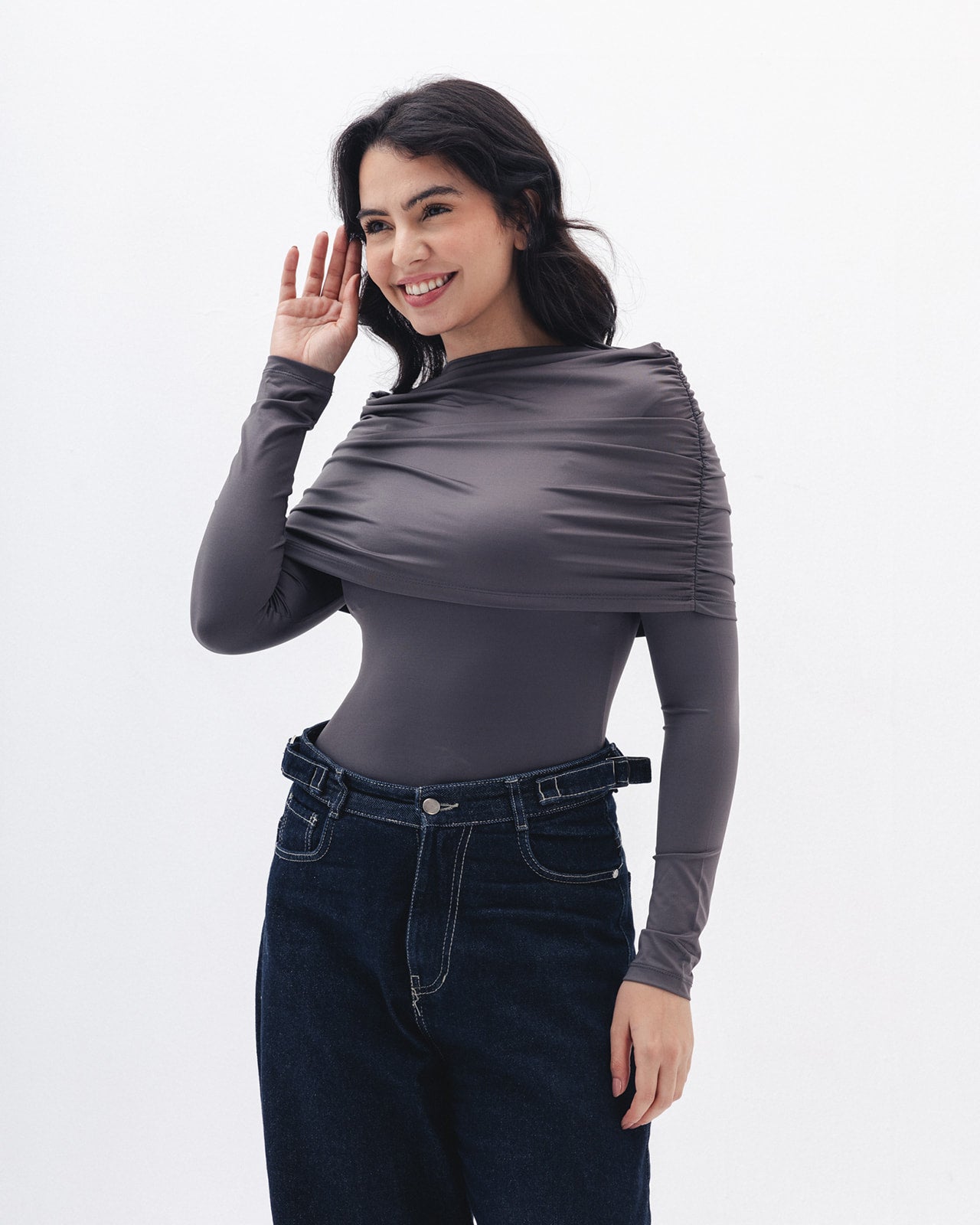 Full-neck Off Shoulder Top In Charcoal Grey