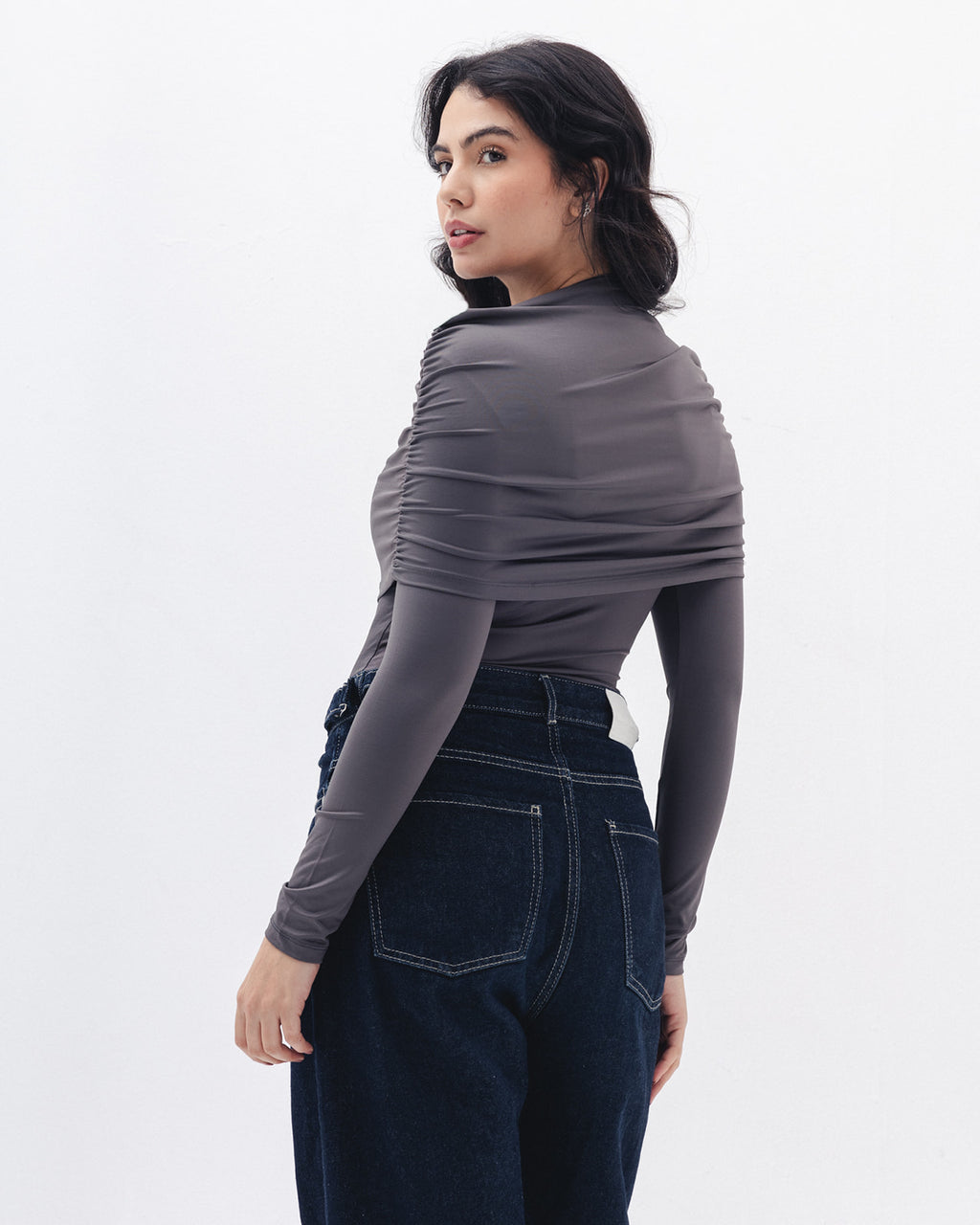 Full-neck Off Shoulder Top In Charcoal Grey