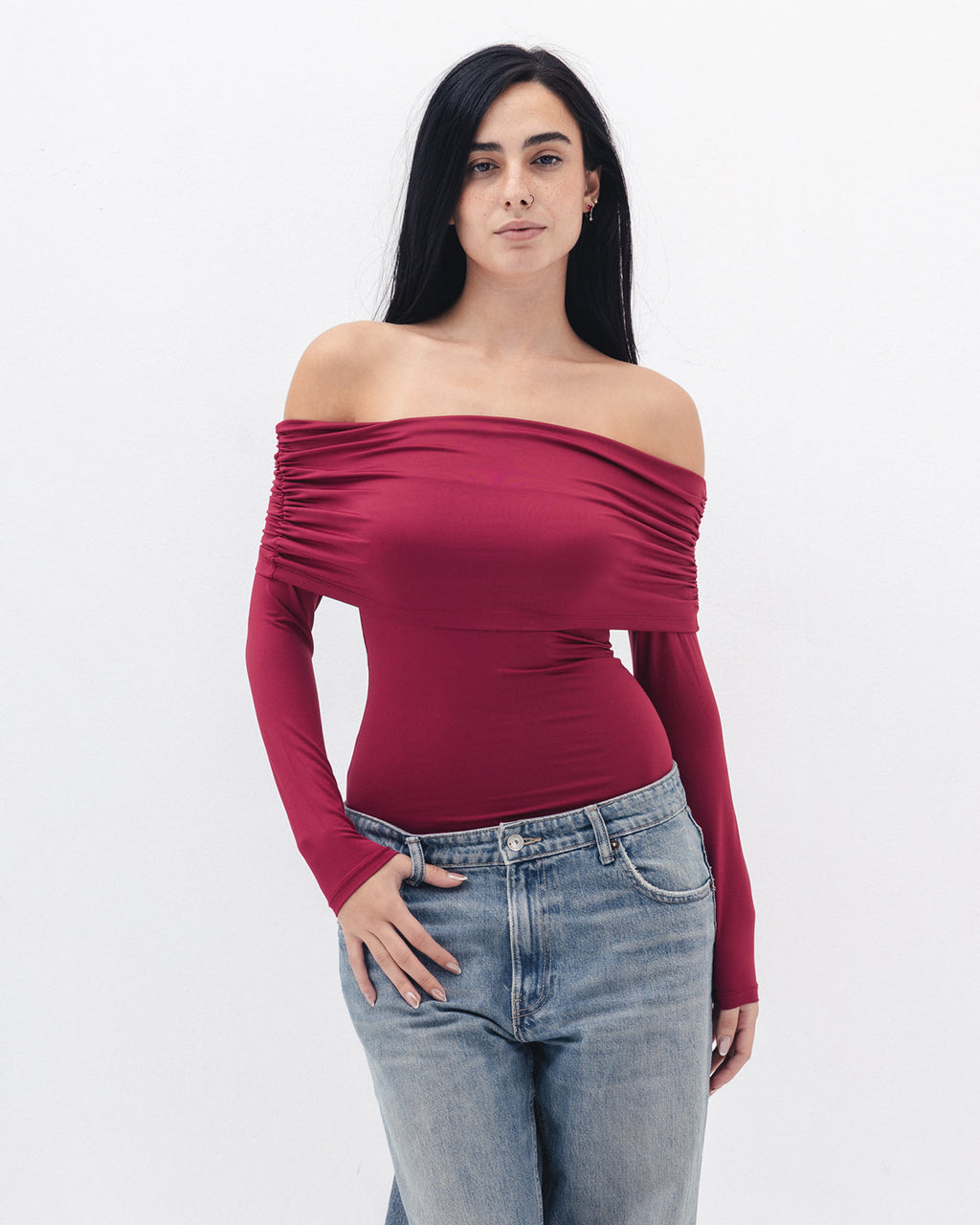 Off Shoulder Long Sleeve In Raspberry