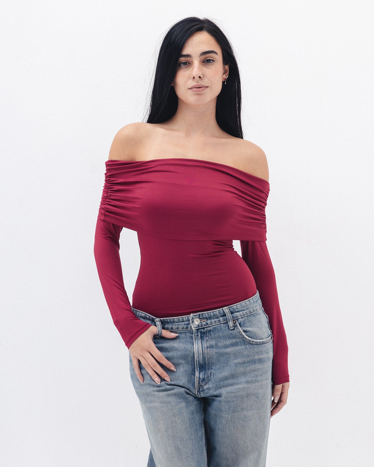 Off Shoulder Long Sleeve In Raspberry