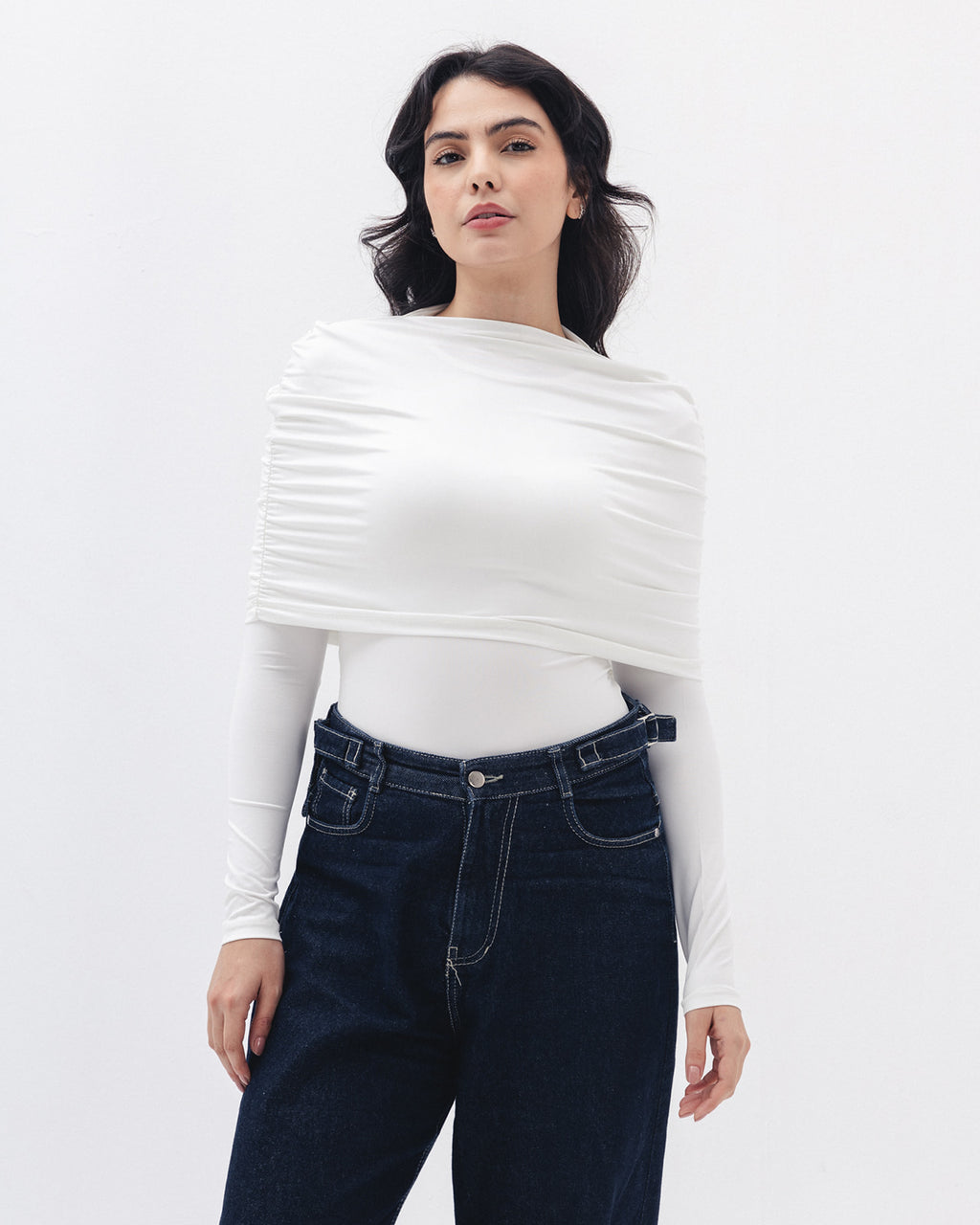 Full-neck Off Shoulder Top  In White