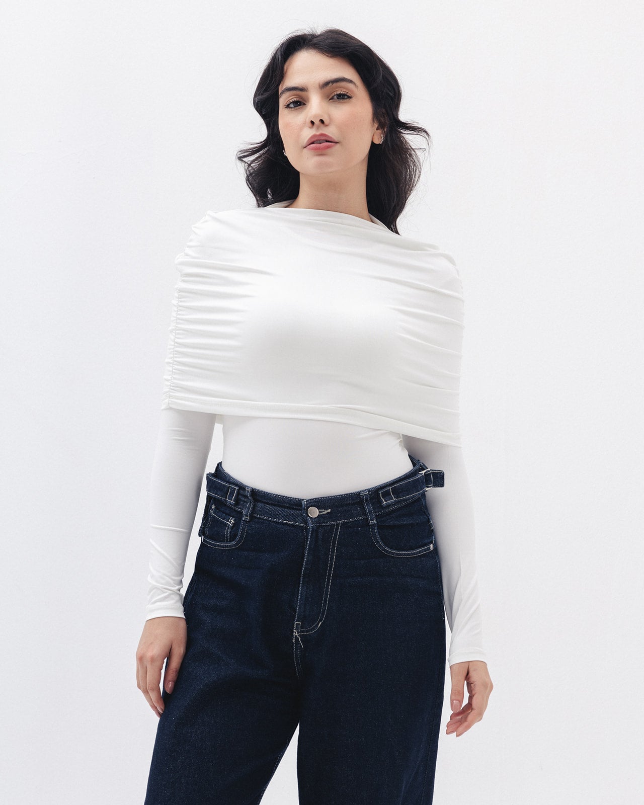 Full-neck Off Shoulder Top  In White