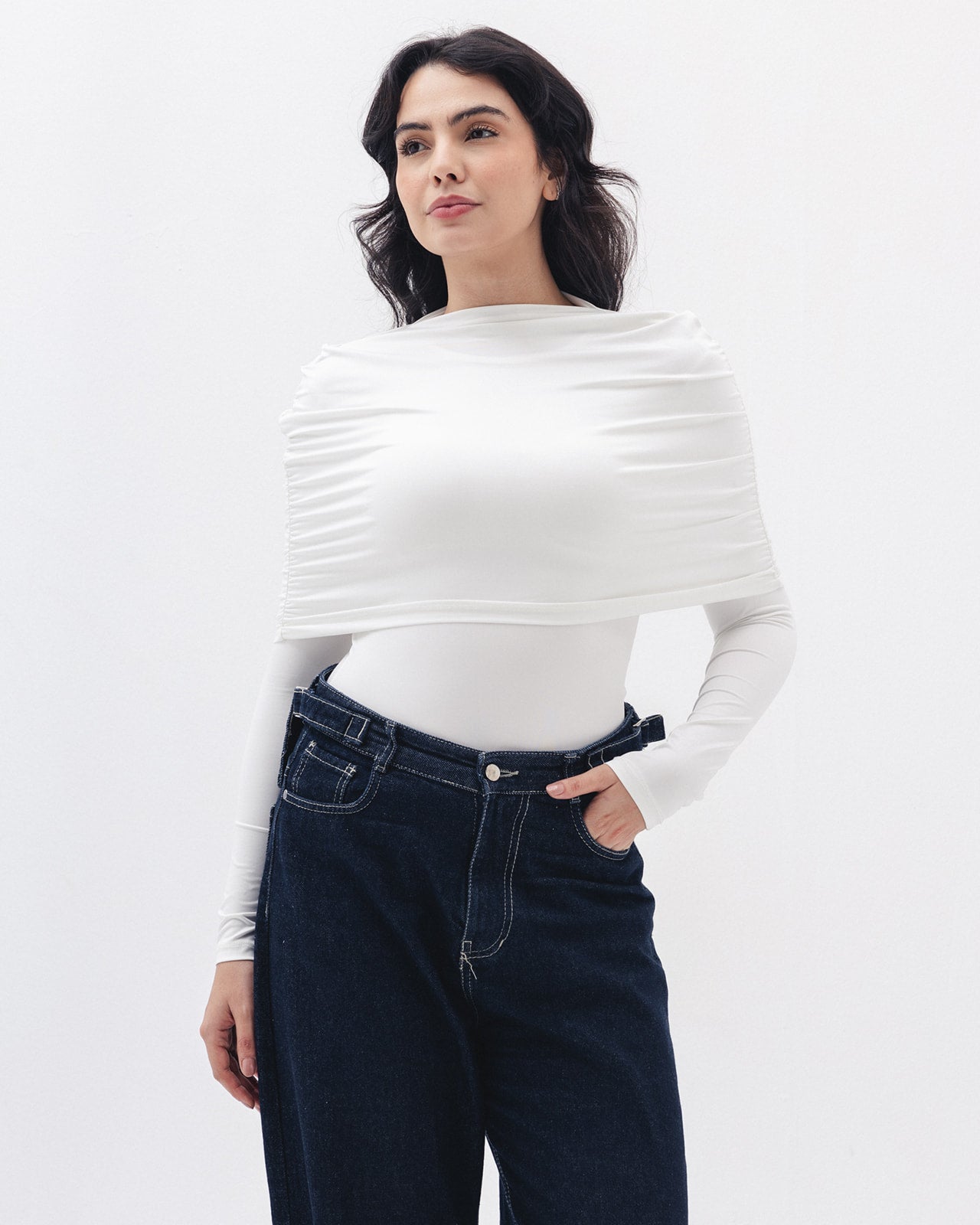 Full-neck Off Shoulder Top  In White