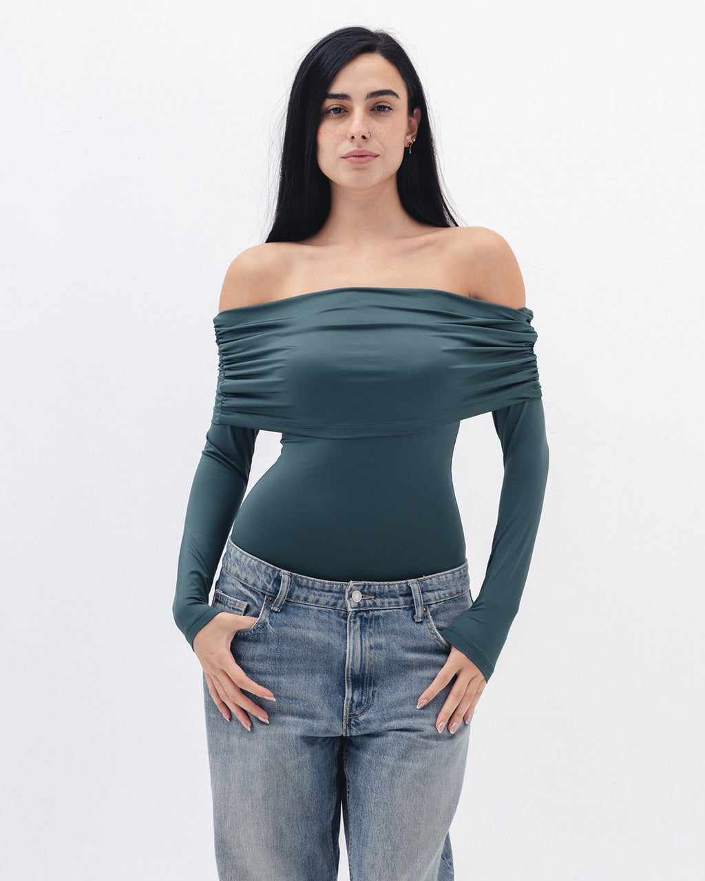 Off Shoulder Long Sleeve In Emerald Green
